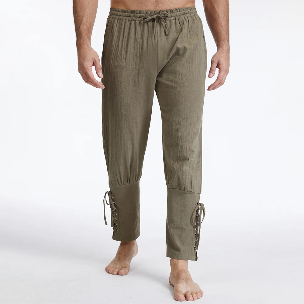 Vintage Cotton Linen Pants for Men Pirate Viking Costume Gothic Style Medieval Lace-up Trousers Solid Color Male Cozy Pants