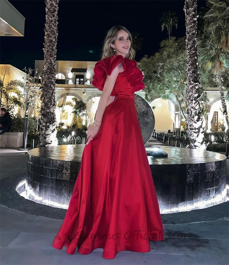 SUMNUS Elegant Red Satin Night Prom Dresses A Line Side Slit Ruffles One Shoulder Custom Formal Evening Gowns Vestidos De Fiesta