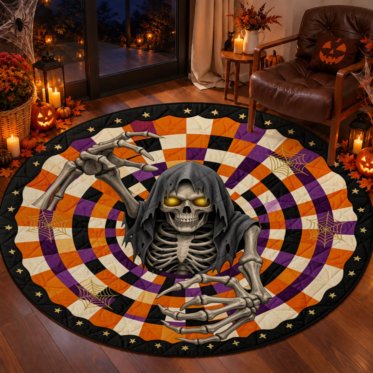 Circular Halloween Skeleton Reaper Striped Star Spiderweb Velvet Rug, Machine Washable, Suitable for Living Room, Bedroom, Entryway, Dining Room, Ideal for Halloween, Thanksgiving, Christmas, New Year, Black Friday Home Decor
