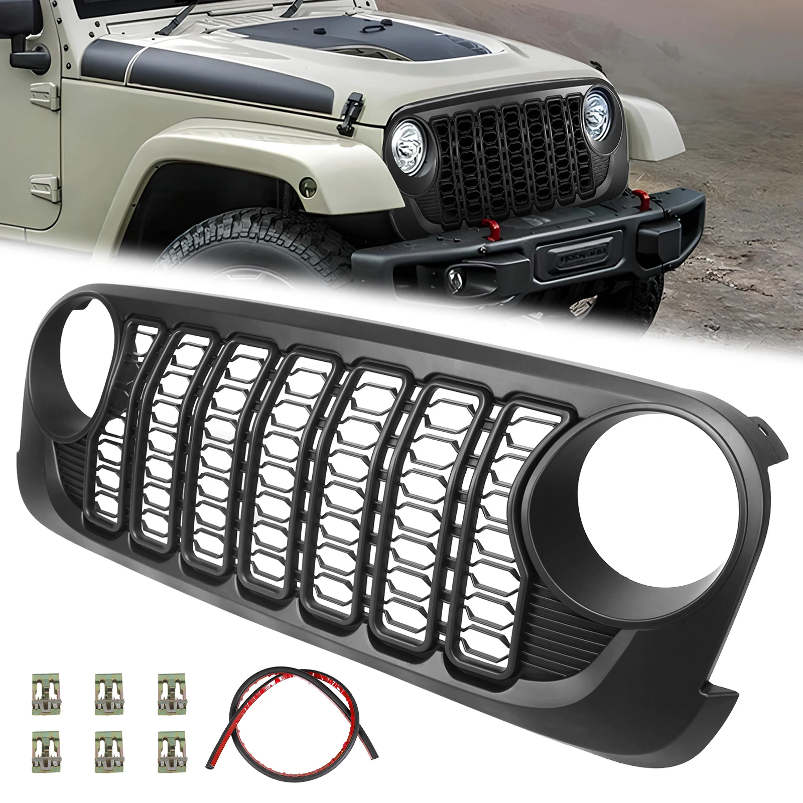 

Front Bumper Grille Grill ABS Car Front Bumper Grille Wear Resist Grille Grill Replacement for JK Modified To 24 JL