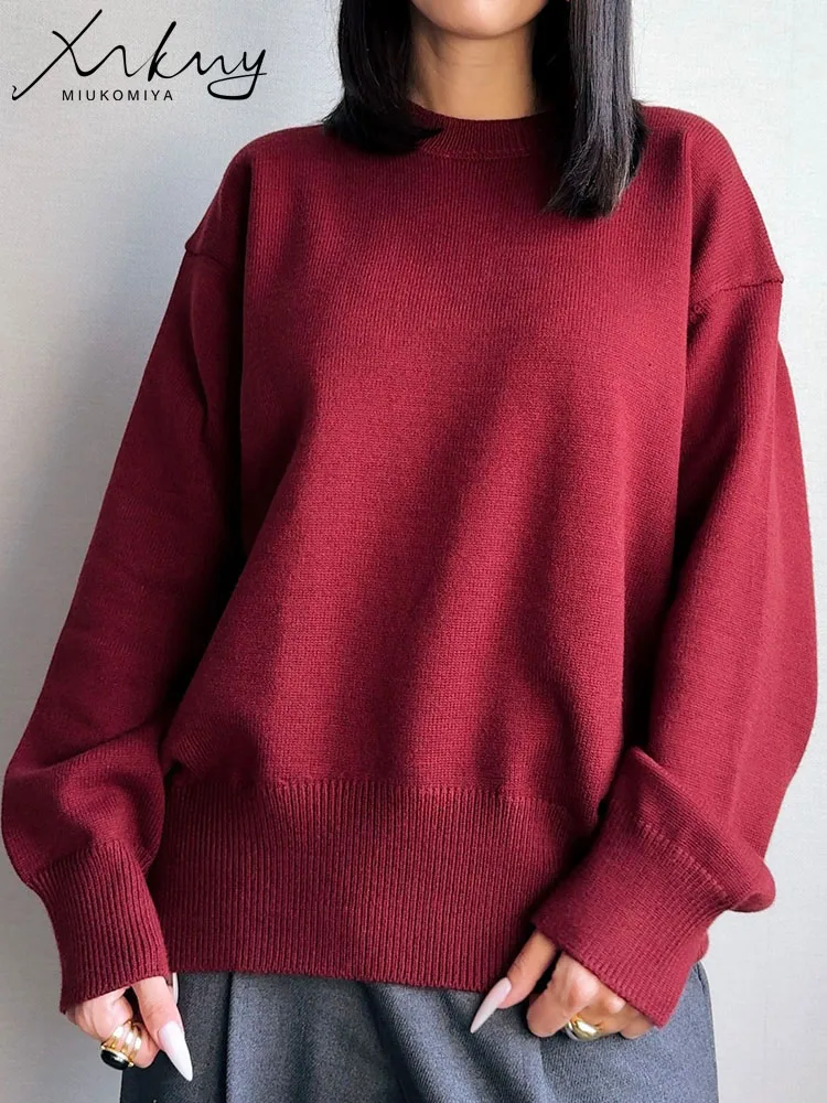 MiuKoMiYa Women\'s Winter Oversize Sweater Burgundy O Neck Vintage Pullovers Loose Christmas Sweaters For Women Elegant Tops