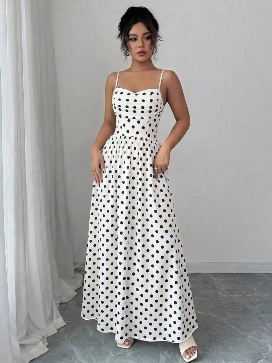 

Elegant Polka Dot Chiffon Spaghetti Strap Waist Cinched Flowing Maxi Dress For Wedding Guest Party