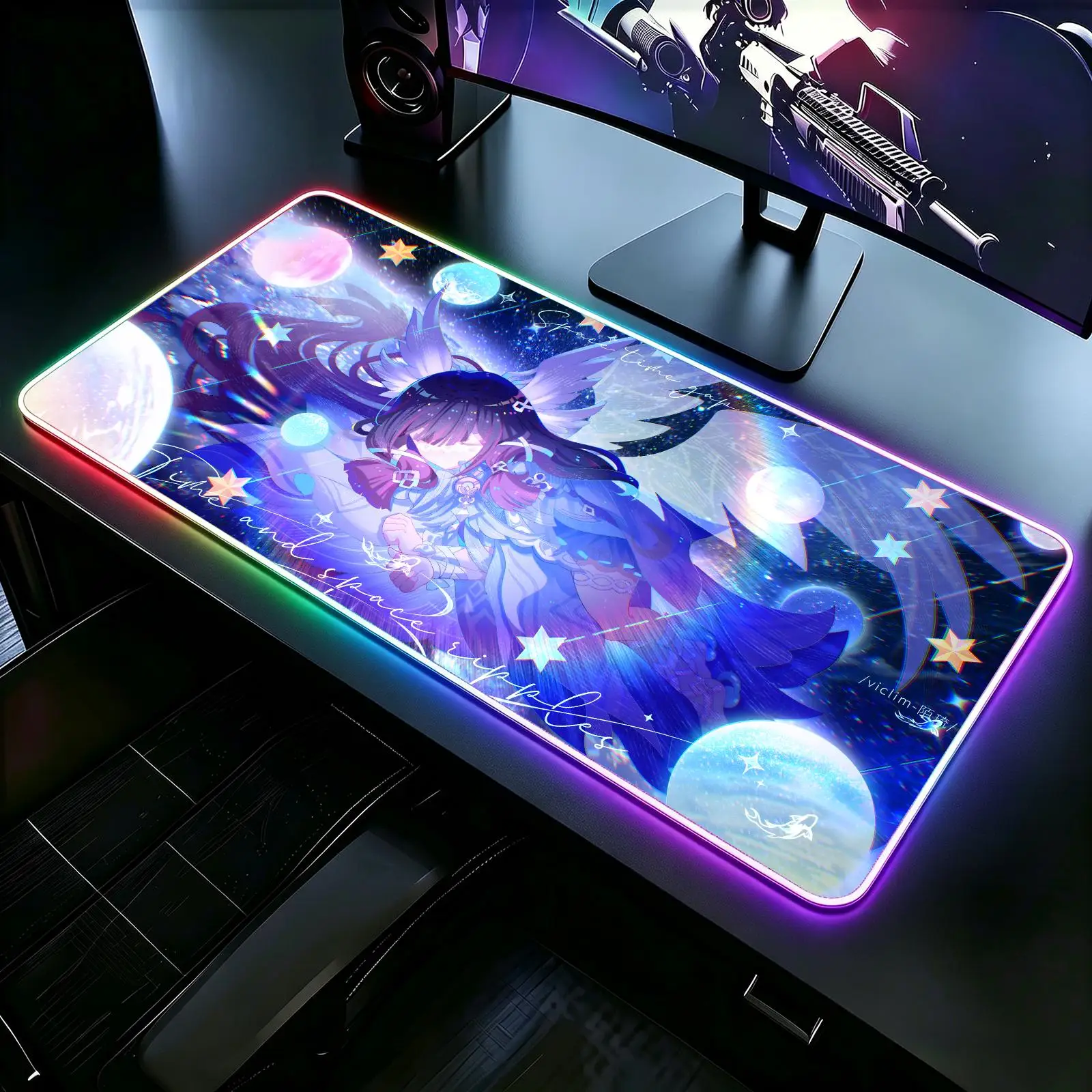 XXL RGB Glow Gaming Desk Pad, wearproof sewn border, anti-slip mat for desktop, bedroom & office use Genshin Impact Columbina