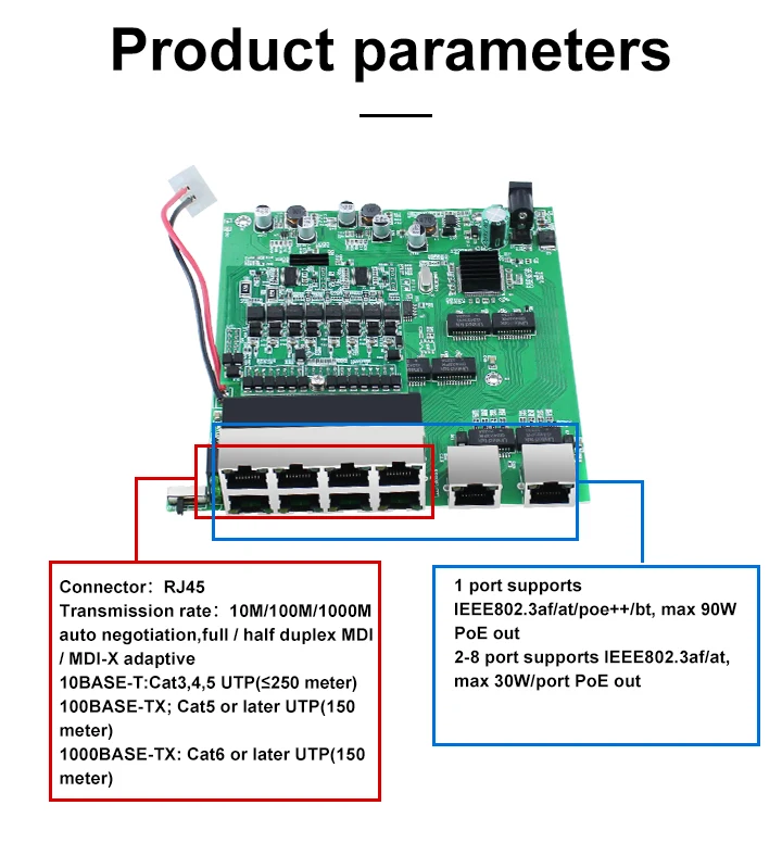 Commutateur Ethernet pour caméra IP, 10 ports Gigabit, non géré, 1000Mbps, 8 PoE + 2 liaisons ascendantes IEEESterilial, 3PG/at, 150W