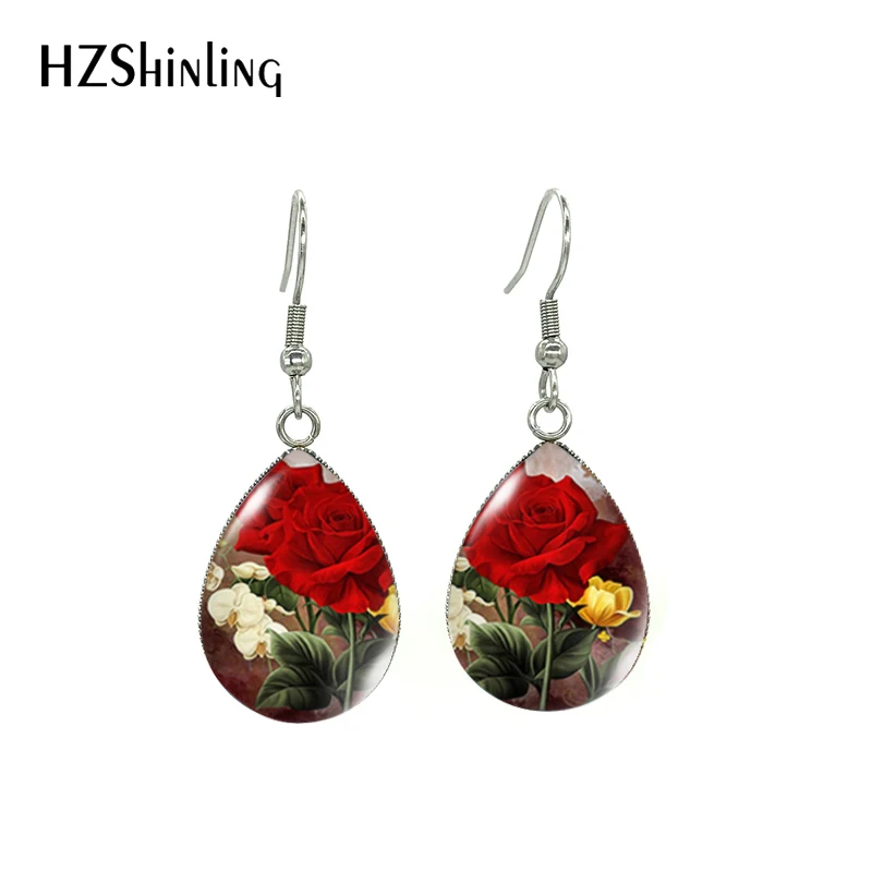 New Vintage Beauty Flowers Butterfly Patterns Art Paintings Tear Drop Fish Hook Earrings Handmade Jewelry Dangle Earrings