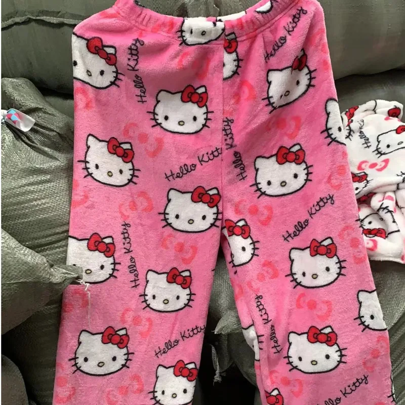 Y2k Sanrio Hello Kitty Pajamas Women Autumn Winter Flannel Sleepwear Fashion Black Pink Print Trouser Cartoon Cute Home Clothes