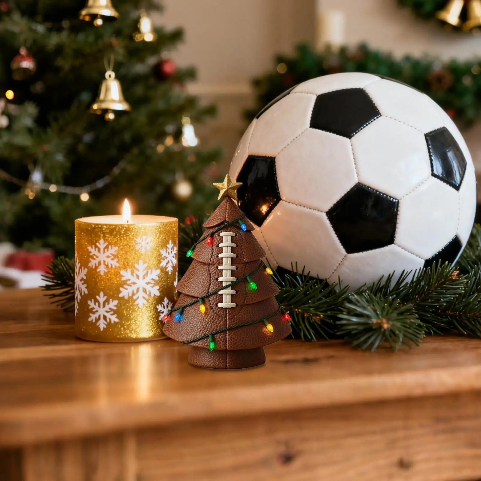 

Desk Christmas Tree LED Lighted With Topper Star Football-Themed Christmas Tree Statue Decor For Dining Table Nightstand Bedroom