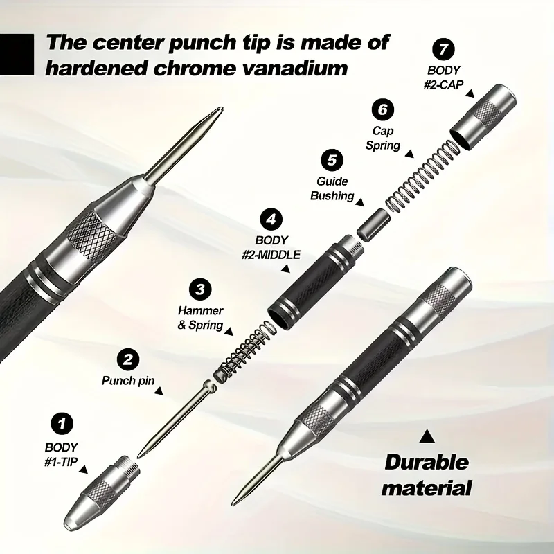 Automatic Center Punch with 2 Extra Drills - 5 Heavy Duty Steel Spring Punch Tool, Adjustable Tension, Rust Resistant, Polished,