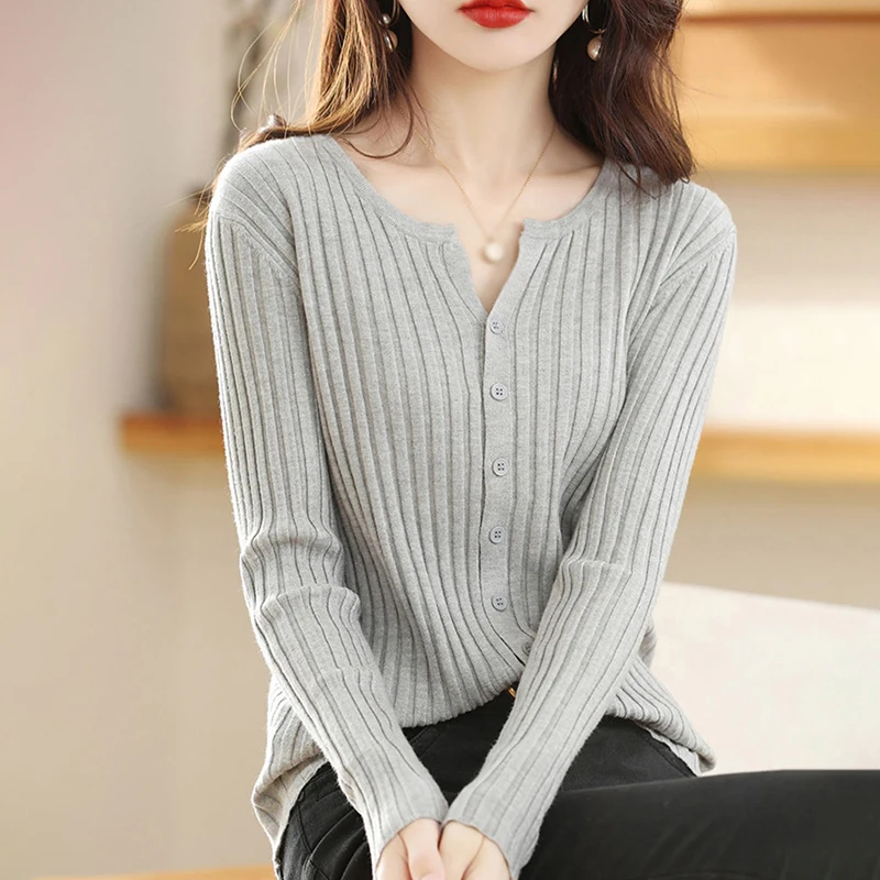 Women Spring Knitted Cardigan Round Neck Wool Warm Coat Fashion Simple Versatile Solid Color Sweater Simple Top