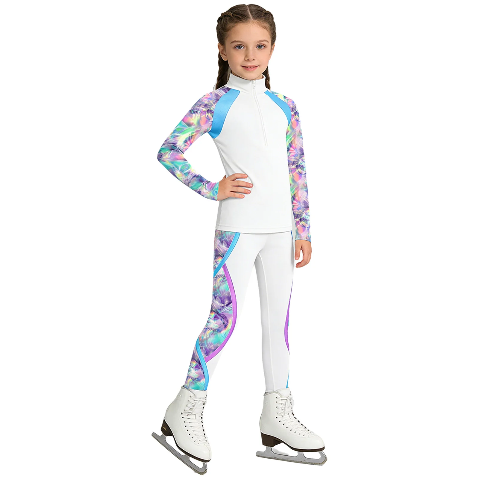

Kids Girls Figure Skating Outfit Fleece Lined Printed Long Sleeve Jackets with Leggings Pants for Gymnastics Workout Training
