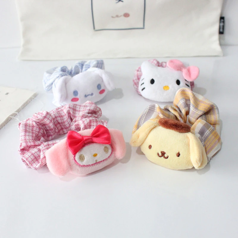 Kawaii Sanrio Checkered Scrunchie Cartoon Cinnamoroll Kuromi Hello Kitty Hair Rope JK Headwear For Girls Headband Accessories