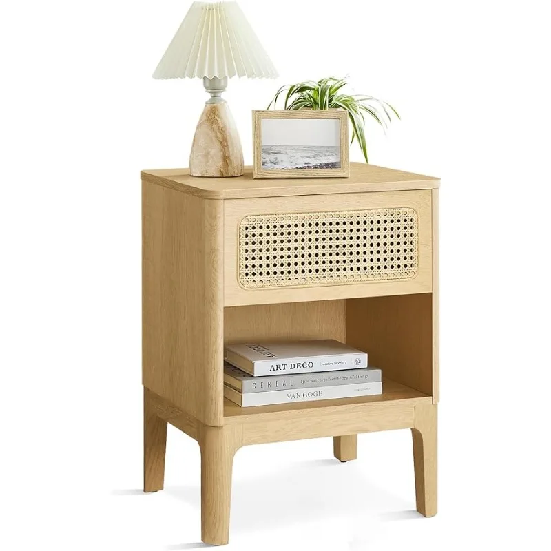 VASAGLE Rattan Nightstand, Boho Bedside Table with Drawer, Cane End Table, Modern Side Table for Bedroom, Natural ULET616T57