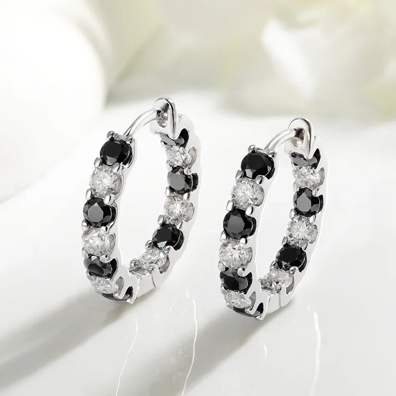 DRring 3mm White-black Full Moissanite Hoop Earrings for Women Sparkling Wedding Jewelry 925 Sterling Silver Plated Rhodium GRA