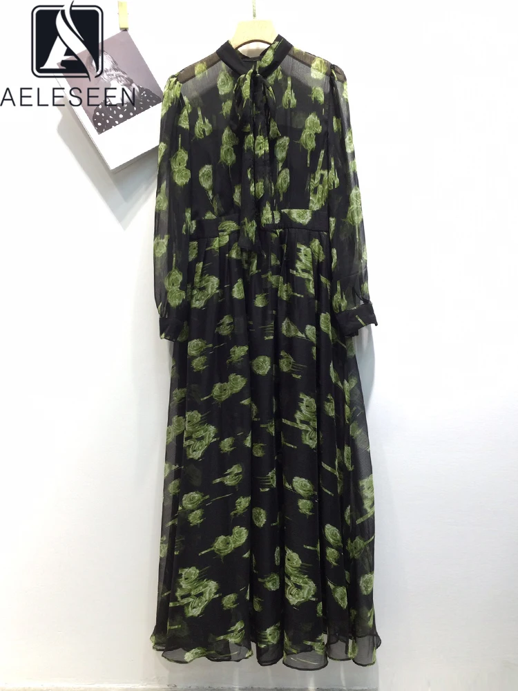 

AELESEEN Runway Fashion Autumn Long Dress Women Bow Full Sleeve Yellow Flower Print Elegant Office Ladies Vintage Party
