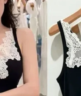 Women Pit Stripe High Stretch Sleeveless Lace Spliced V Neck Knit Camisole Vest Summer New