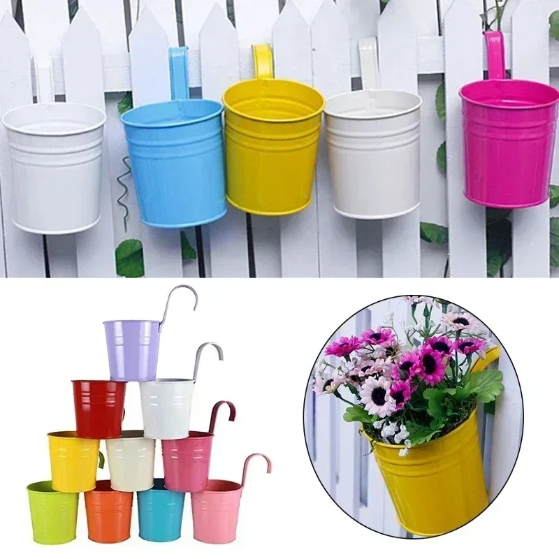 

10 Colors Metal Iron Flower Wall Hanging Flower Plants Pot Hook Bucket Tin Garden Planter Pots Balcony Hanging Succulent Basket