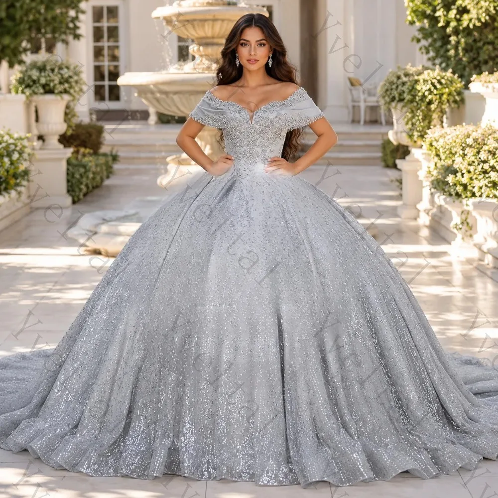 Robes de Quinceañera Personnalisées Gracieuses et Élégantes, Gris Argenté Scintillant de Luxe, à Manches Courtes, avec Appliques en Dentelle, Nœud et Jupe Bouffante en Tulle