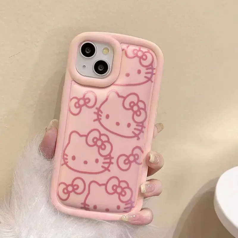 Sanrio Hello Kitty Ins Pink Girl Line KT Phone Case For iPhone 15 14 13 12 11 Pro Max XR XS Max 7 8 Plus Cute Kawaii Y2K Cover