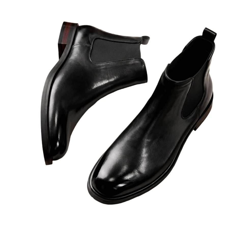 Men Genuine Leather Ankle Boots Round Toe Elastic Side Panels Low Block Heel Non‑Slip Male Business Casual Footwear For BH0209