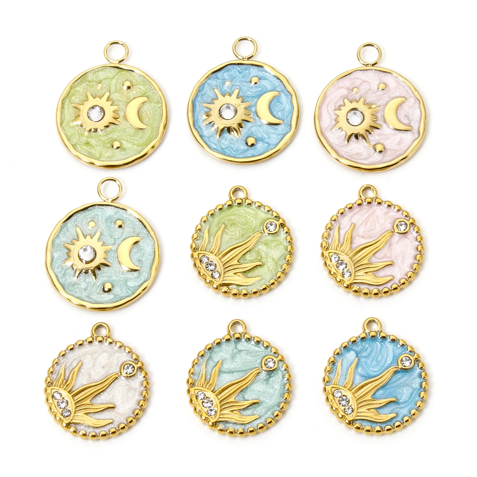 1pc New Stainless Steel Charms Gold Color Round Galaxy Moon Star Enamel Pendant DIY Necklace For Women Jewelry Gift 24mm x 20mm