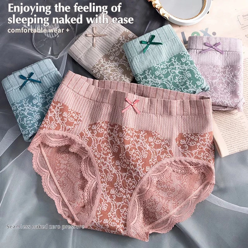 2024 Women\'S Lace Briefs Comfortable Cotton Underpants Breathable High Waist Intimates Underwear Period Panties Female Lingerie