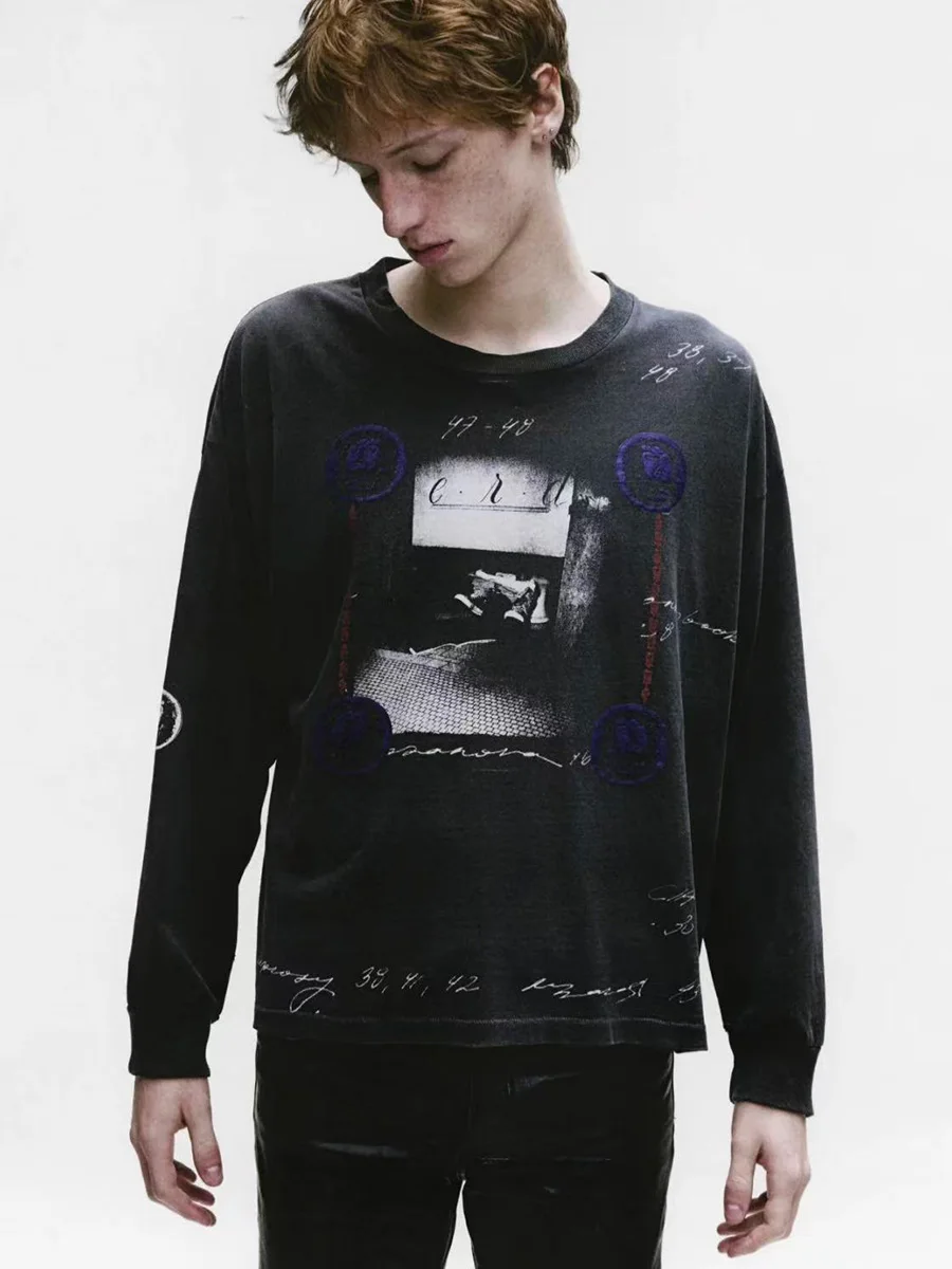 Washed Loose Long Sleeve Men's T-shirt Digital Vintage Style Breathable Cotton Casual Wear for Autumn Season round Neck Print