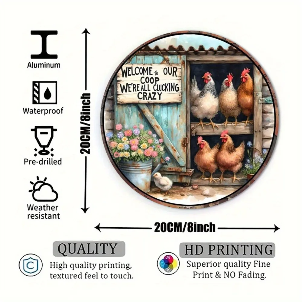 2D Metal Sign, Vintage Farmhouse Chicken Coop Wall Decor, Rustic Metal Art for Bedroom Kitchen Office, 8x8in 20x20cm