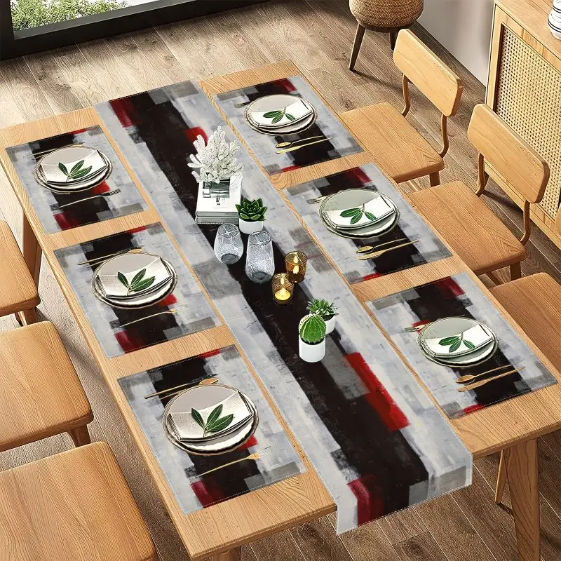 Modern Art Contrasting Abstract Table Runner Placemats Set Waterproof Non Slip Kitchen Dining Table Mat