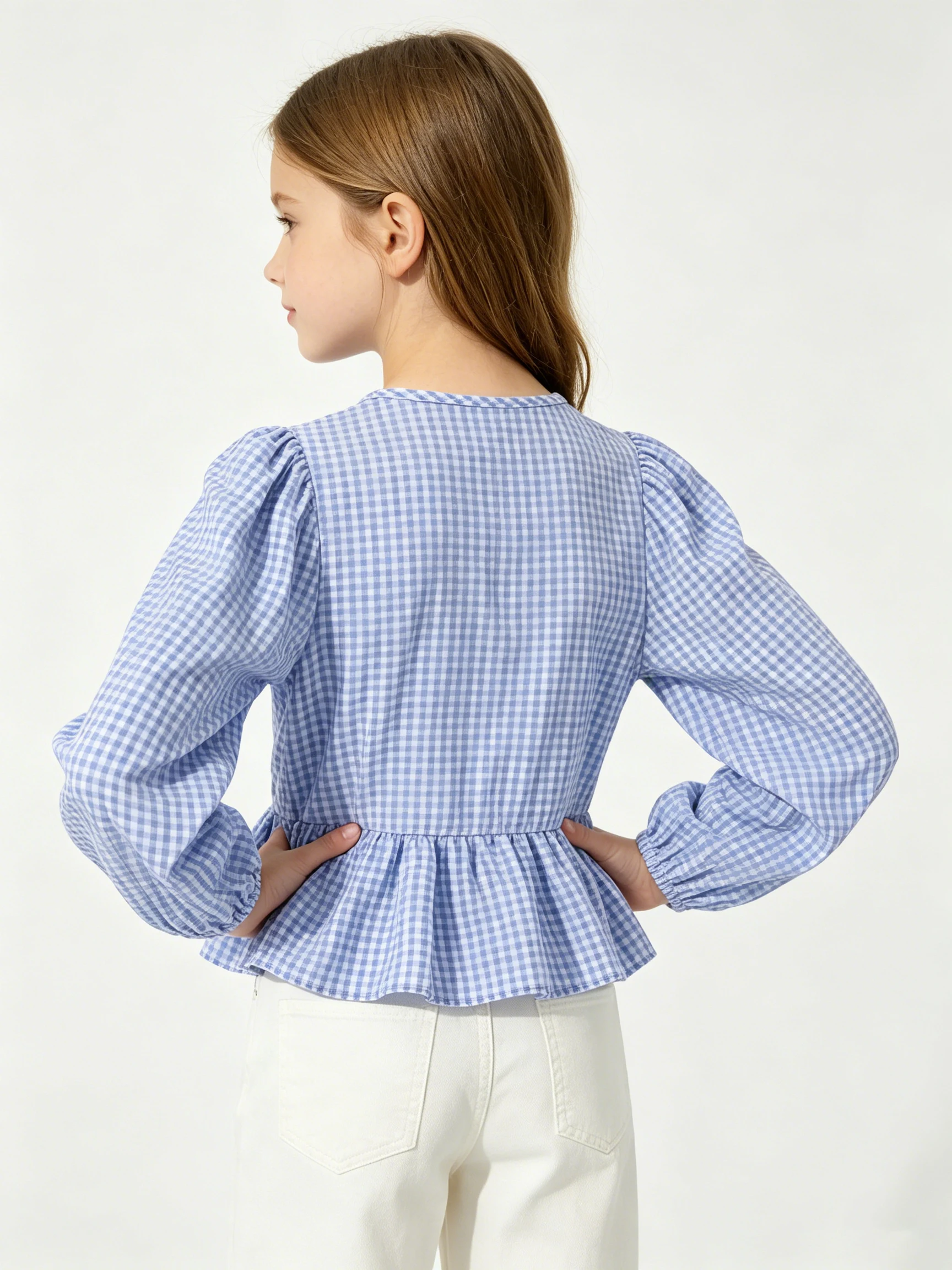 Spring/Autumn Girls' Plaid Long Sleeved Shirt With Bow And Bubble Sleeves At The Front, Cinched Waist And Lotus Leaf Short Top