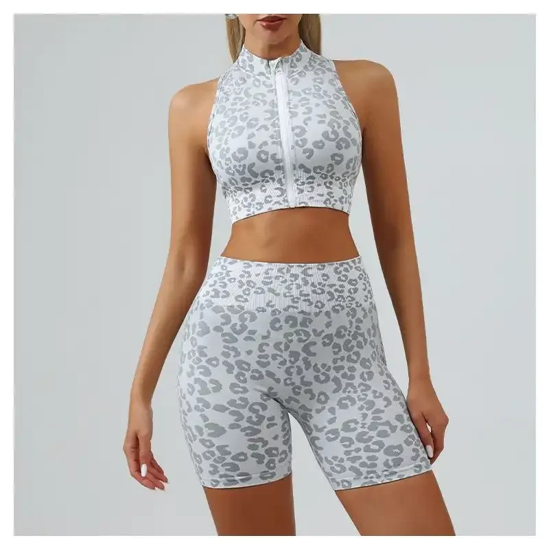Women Leopard Print Seamless Yoga Set Zip Front Racerback Crop Top High Waist Butt Lifting Shorts