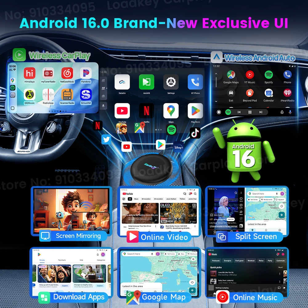 CarlinKit 3 In 1 Android 16 CarPlay Ai Box Wireless Adapter Android Auto Qualcomm CQ4390M 128GB 8-Core for Youtube Netflix FOTA