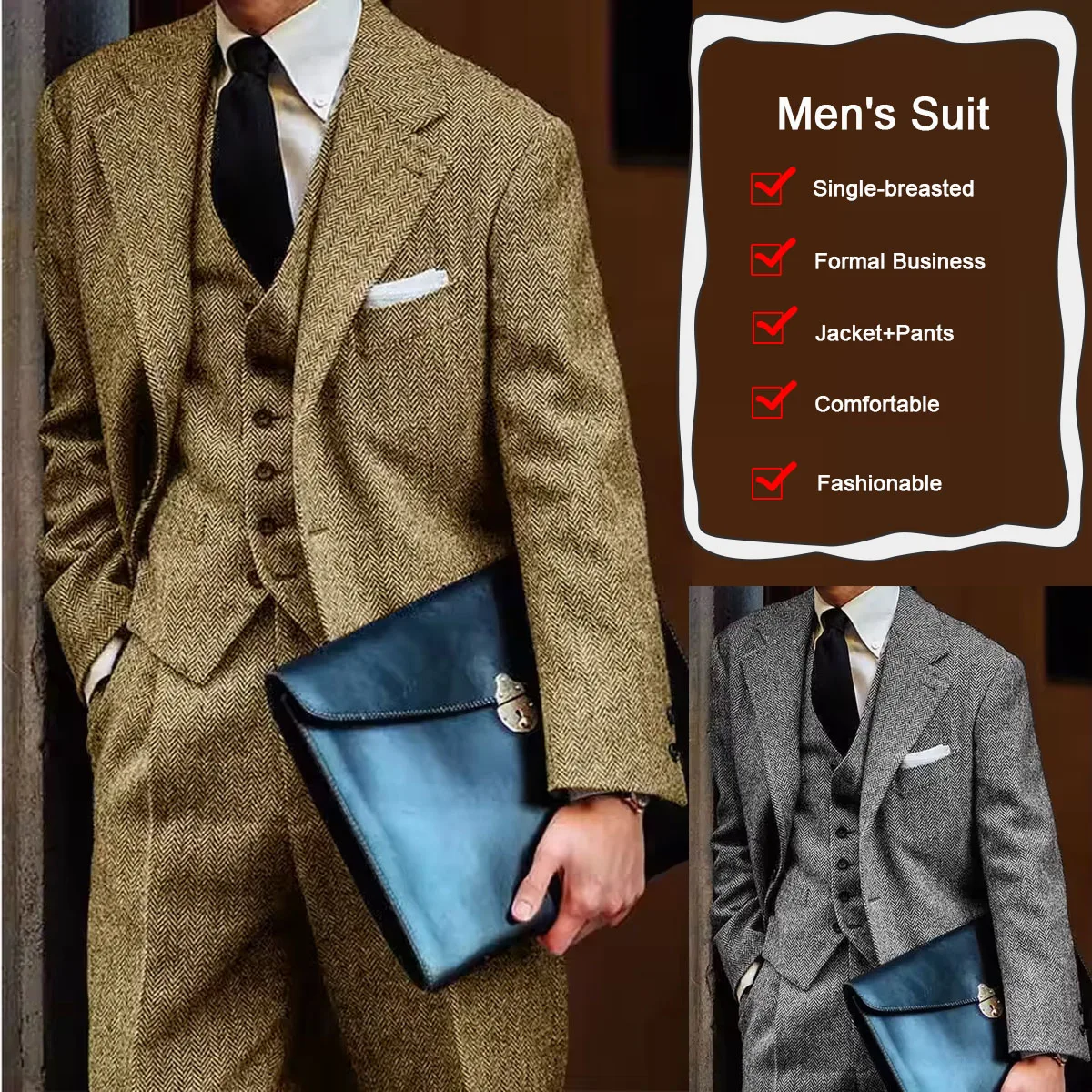 

Men's Herringbone Suit 3 Piece Set Notch Lapel Single Breasted Slim Fit Comfortable Elegant Business Suit Casual Stylish Formal