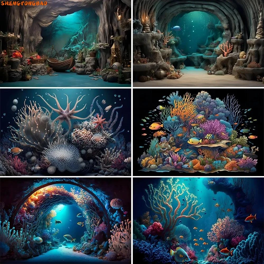 Photography Backdrop Ocean Underworld Coral Fish Jellyfish Scenic Aquarium Photoshoot Background Photo Studio Props