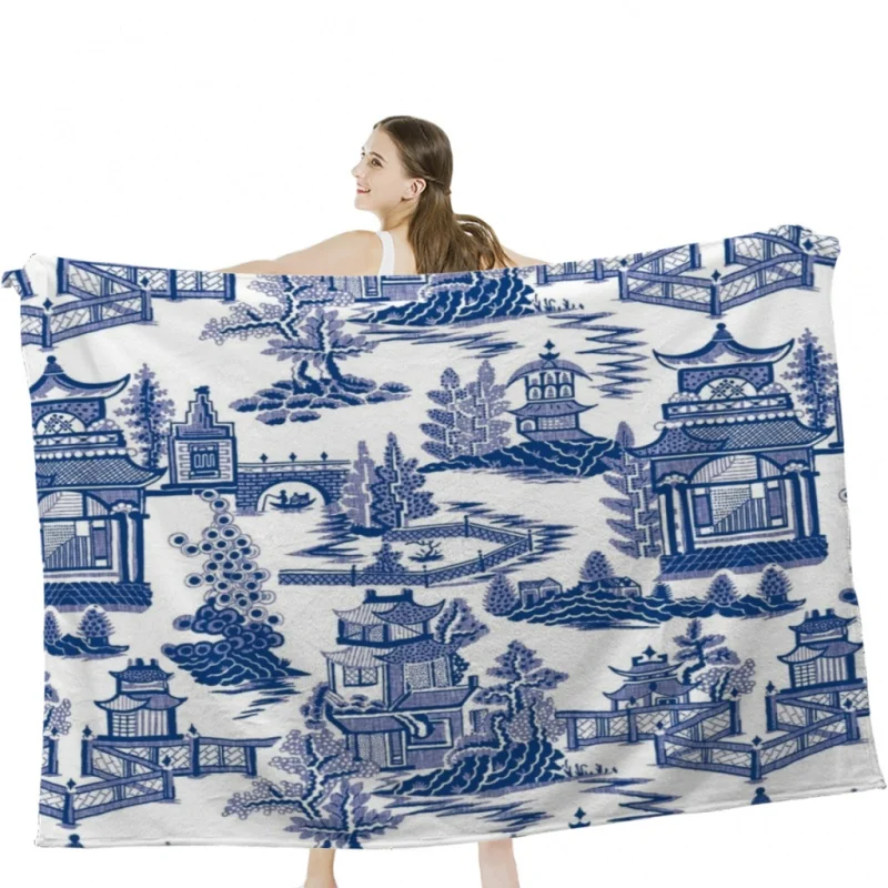 Blue Willow Ancient Ming China - Blue And White Chinoiserie Throw Blankets Camping Bedding Blanket Cold Cinema or Travel