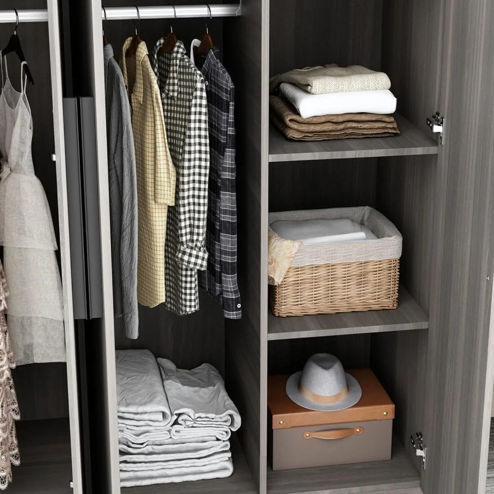 

4 Door Wardrobe with Shelves, Armoire Wardrobe Closet with Hanging Rod, Armoire Closet with Wooden Handles, Grey, Customized
