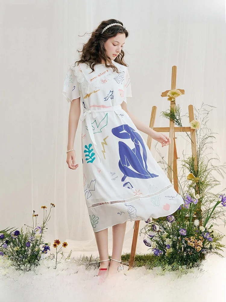 

Retro Print Lace Patchwork Asymmetrical Collar Summer New Arrival Midi Dr Tee Two Things Polyester Fiber A-Line Dr