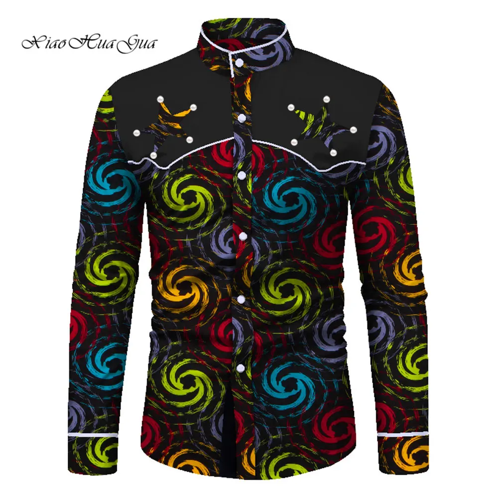 African Men Long Sleeve Shirt Fashion Bazin Riche Tops Men Casual African Print Shirt Coat Causal Party Office Shirt WYN645