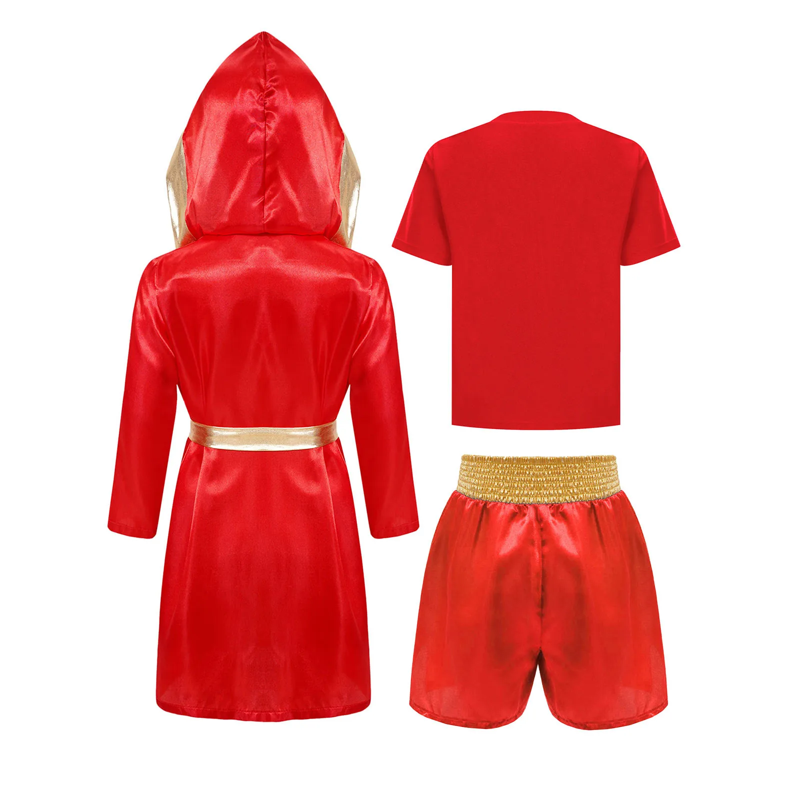 Kids Boys Boxing Costume Outfits Satin Sport Set Long Sleeve Hooded Boxer Cloak Robe with Boxing Tracksuit Shirts And Shorts