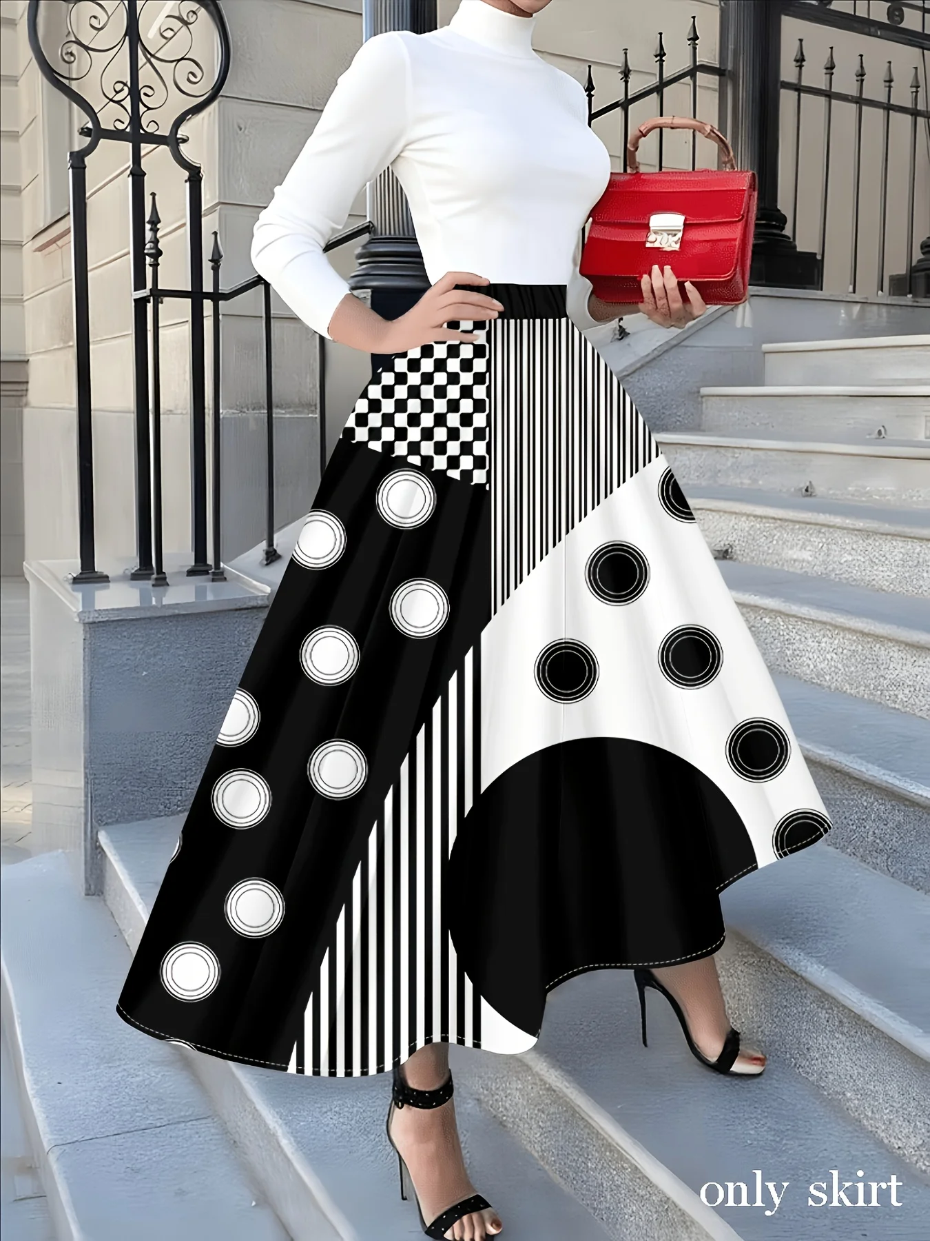 Printed Design Casual Style Geometric Stripes And Polka Dots Skirt