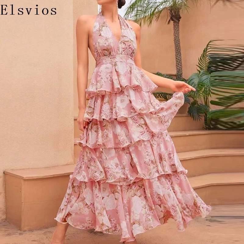 女性のセクシーな背中の開いた中空アウトロングドレスファッションフラワープリントボヘミアンパーティードレスエレガントな V ネックホルターレイヤー休暇ドレス