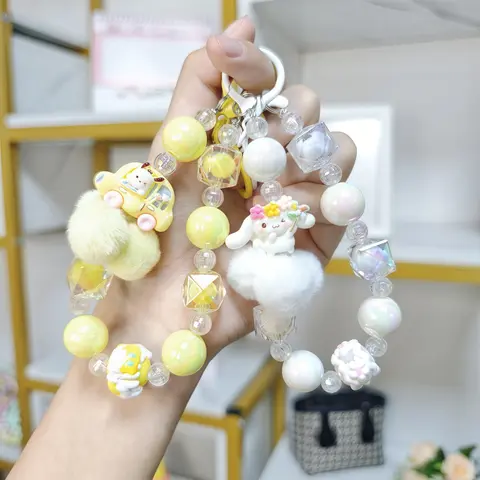 Kawaii Sanrio beaded mobile phone chain, anime Hello Kitty keychain, creative bag pendant, girl gift.