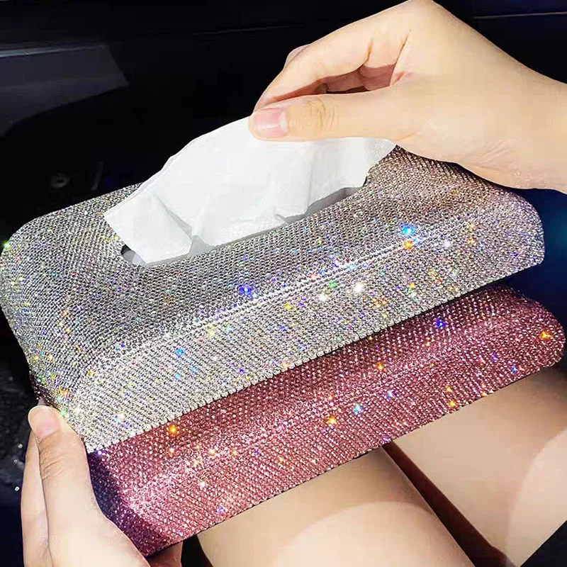 1PCS Crystal Leather Car Tissue Box Holder Center Console Armrest Napkin Box Car Seat Back Armrest Rectangular Pumping Paper Box