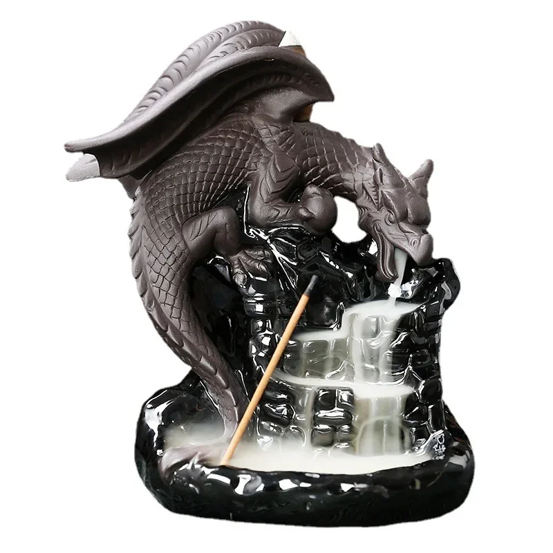 Purple Clay Handicraft Lucky Dragon Waterfall Backflow Incense Burner Pterosaur Home Decor Incense Stick Holder Ceramic Censer