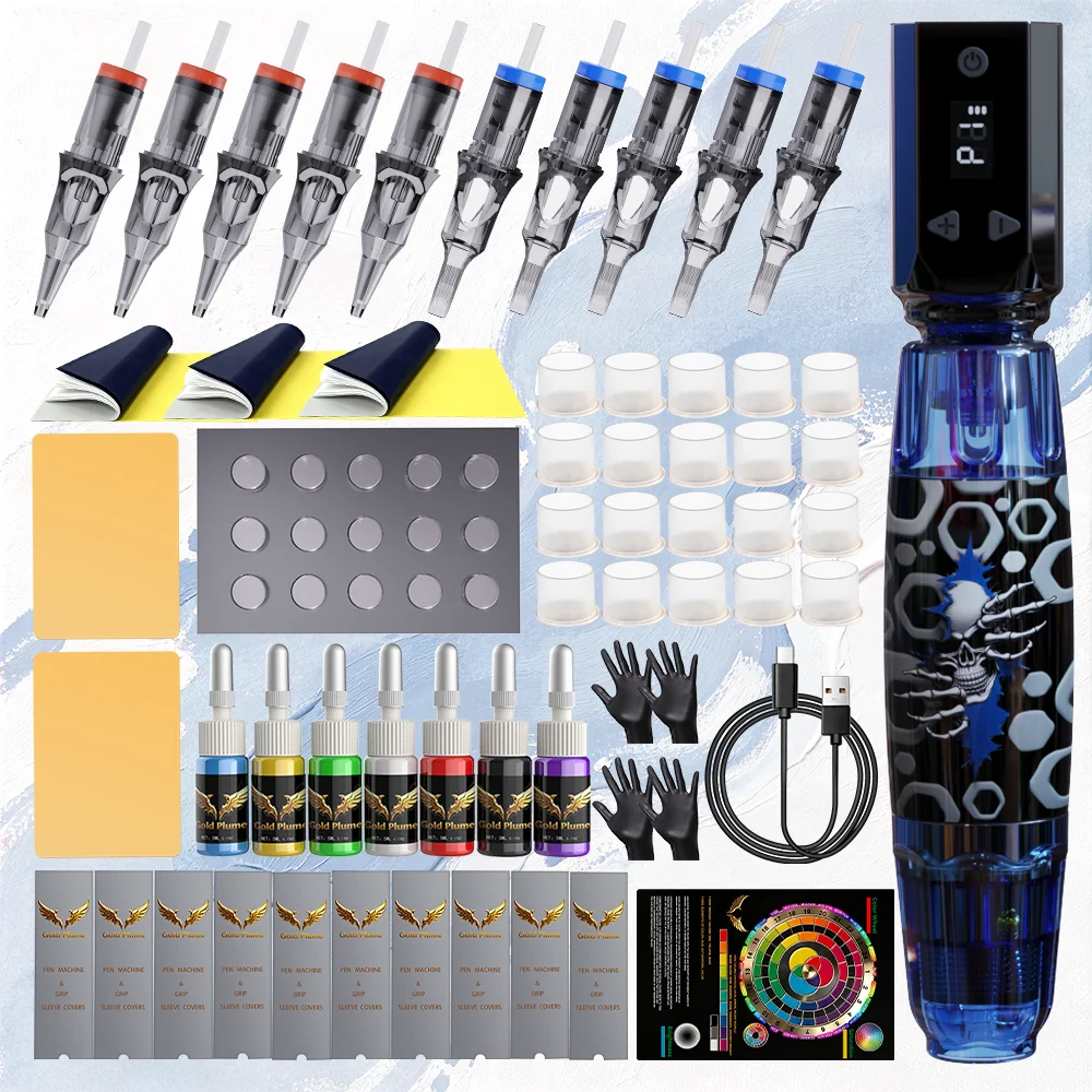 Wireless Tattoo Pen Machine Kit with Tattoo Cartridge Needles, Inks, Practice Skin, Complete Tattoo Supplies Set