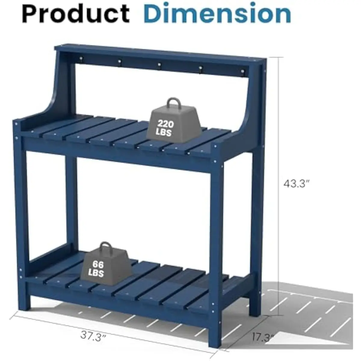 3-Tier Outdoor Potting Station in Blue HDPE with Wood-Grain Texture • 43.3 Inch Ergonomic Height • Weatherproof UV-Resistant Con