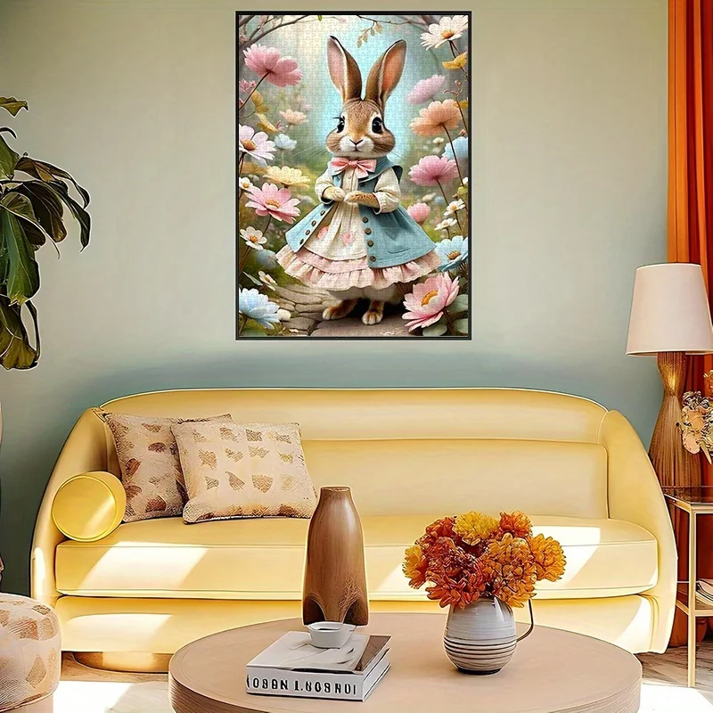 1000 قطعة من أحجية الورق، منشار قطع DIY مع أرنب لطيف في فستان منتفخ، خلفية زهرية، مادة بطاقة بيضاء عالية الجودة، مناسبة f