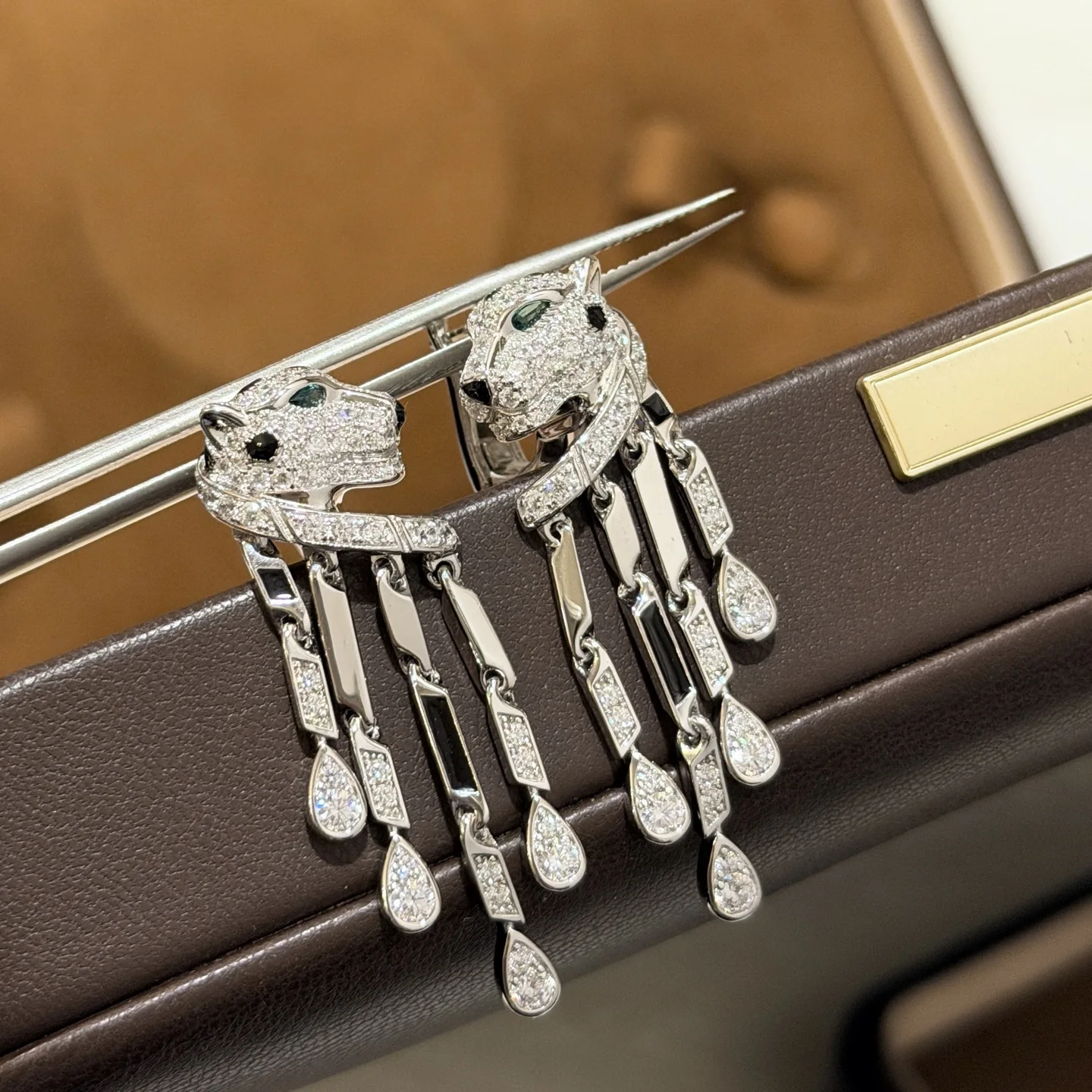 Trendy Real 925 Sterling Silver Earrings For Women Wedding Gift Leopard Head Chain Tassel Drop Black Speckle Luxury Fine Jewelry