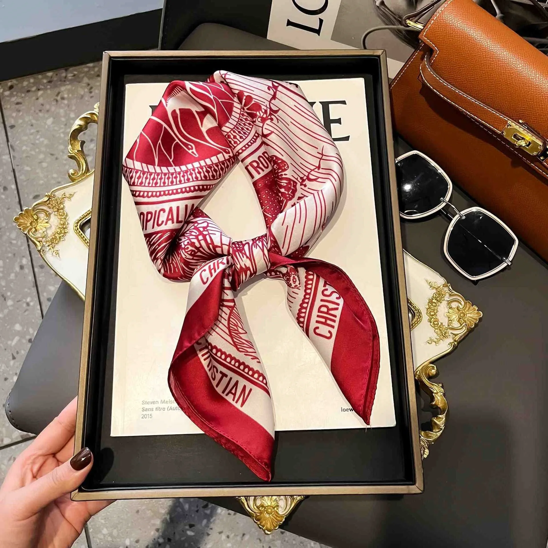 Korean version new small square scarf women's silk scarf 70cm letter print shawl square headscarf women's scarf