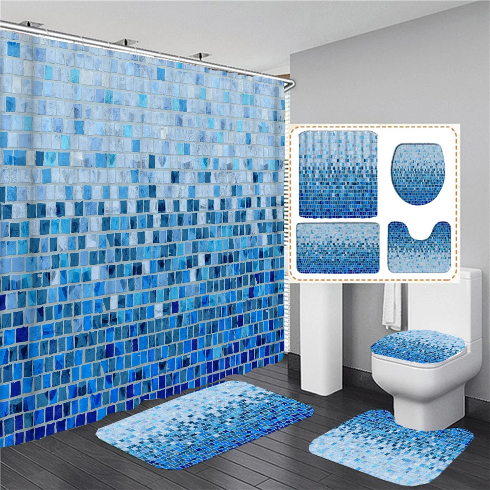 Modern Blue Mosaic Pattern Fabric Shower Curtain Set with Hooks Toilet Covers Seat Bath Mats for Bathroom Non-slip Rug Carpet