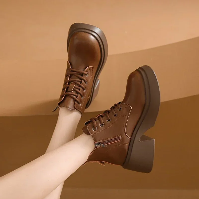 Botas de plataforma femininas outono inverno botas curtas para mulheres retro artesanal tornozelo botas rendas até das mulheres cunhas botas bota feminina